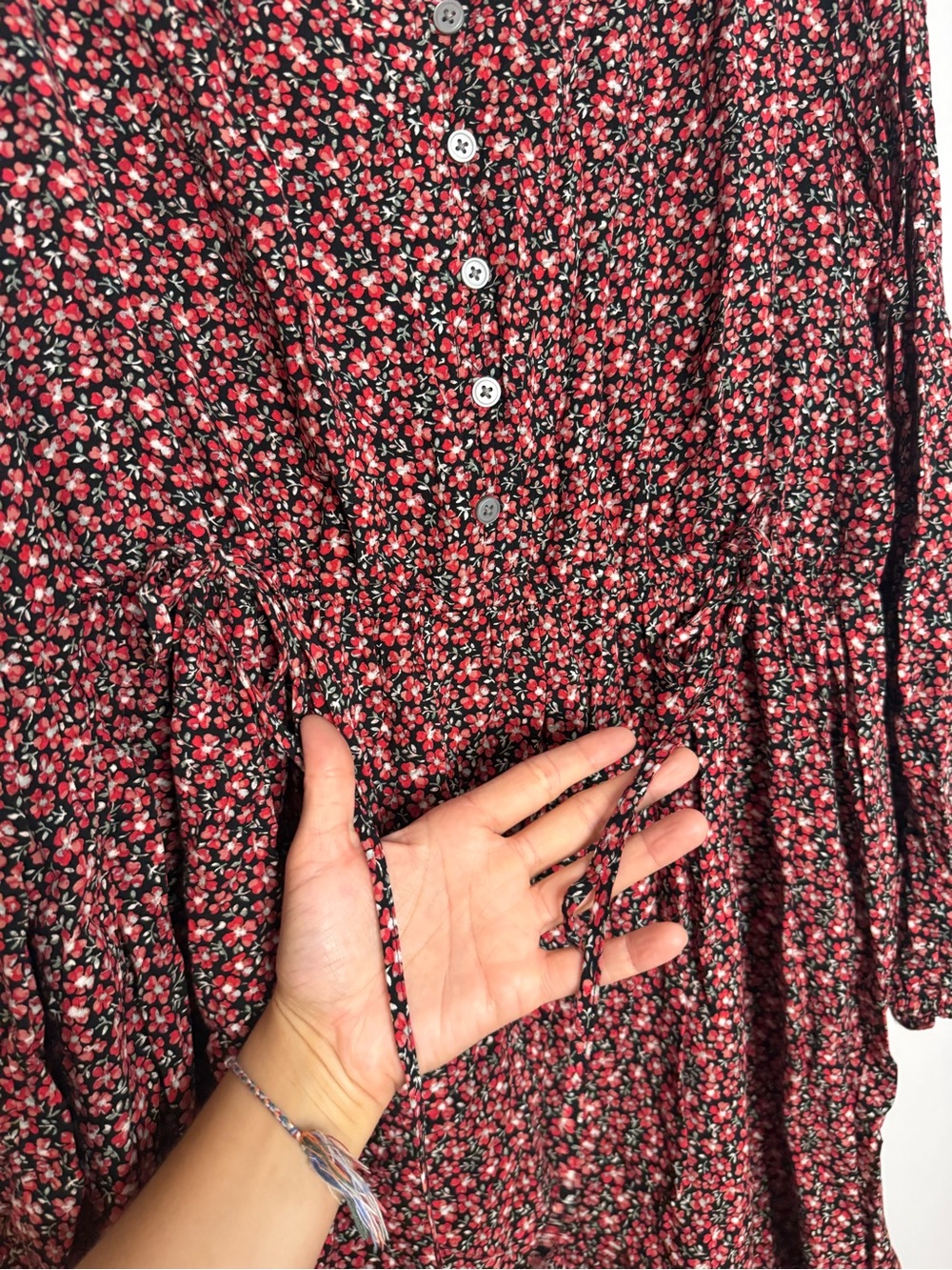 LOFT Red Floral Long Sleeve Button-Front Dress with adjustable sides - Picture 4 of 8